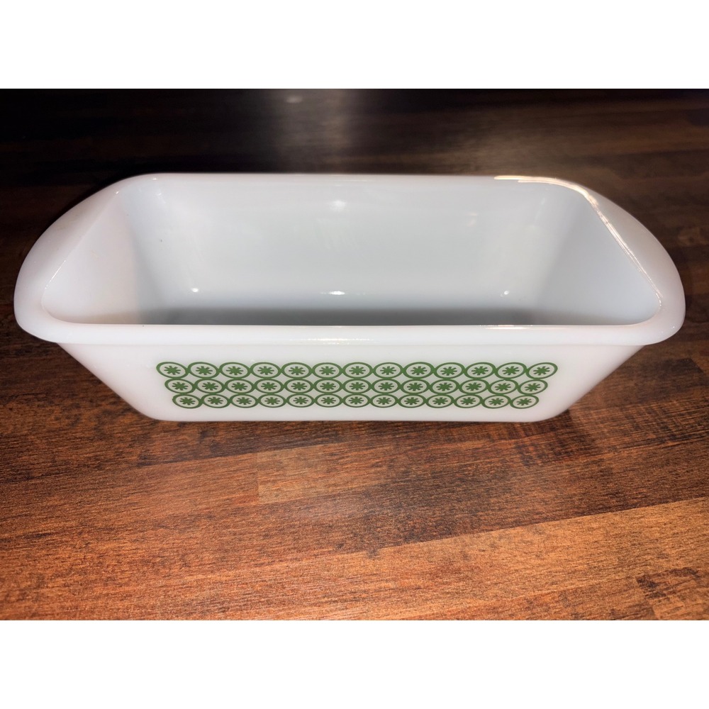 Vintage Ovenware Green Milk Glass Loaf Pan 1.5 Quart White Green